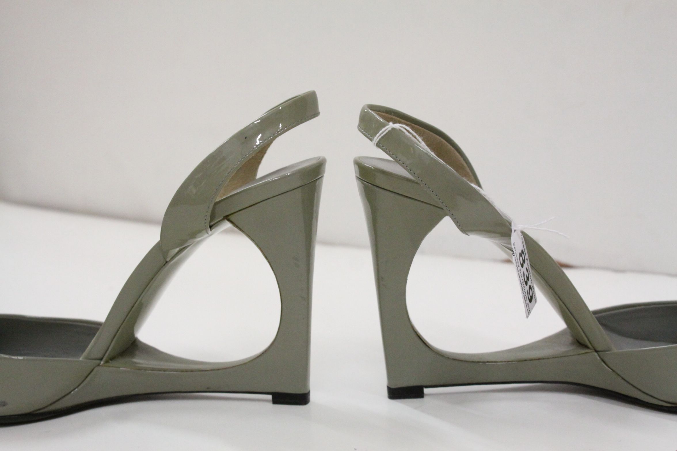 Pair of Jill Sander patent leather green-grey sling back shoes, elongated rounded toe, sculptural - Image 3 of 3