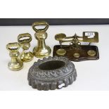 Set of Early 20th century Brass Postal Scales and Weights together Three further Brass Weights (4lbs