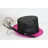 Philip Treacy ladies pink and black straw top hat, asymstric broad border, black feathers