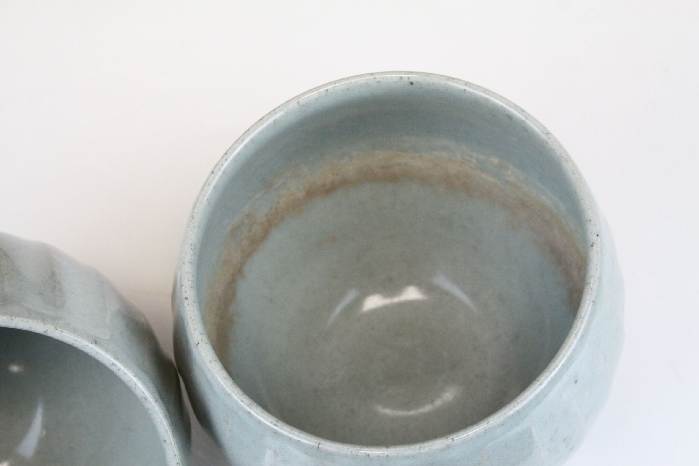 Three Studio Pottery Ribbed Bowls with A mark. largest 11.5cms high - Image 6 of 9