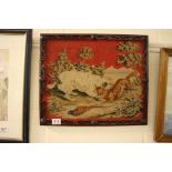 Needlework of Hunting Dogs and a Pheasant contained within an Ornate Mahogany Carved Frame, 40cms