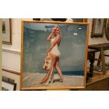 Framed and Glazed Print on Canvas of Marilyn Monroe in a Bathing Suit on the Beach, 74cms x 74cms