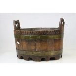 Continental Brass Bound Wooden Coopered Planter with Metal Liner and hearts shapes carved into