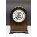 Early 20th century Domed Oak Cased 8 Day Mantle Clock, the white enamel face mark ' John Hall,