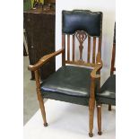 Set of Five Early 20th century Oak Dining Chairs with Brass Studded Green Leather Backs and Seats (