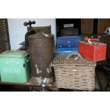 Enamel Bread Bin, Wicker Cat Basket, Metal Urn and a Red Fuel Can