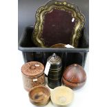 Collection of Wooden Bowls and Lidded Jars, Decorated Gourd, Lacquered Tray, etc