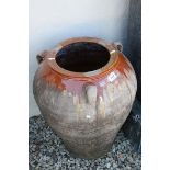 Large Partly Glazed Stoneware Olive Pot with Three Loop Handles, 62cms high