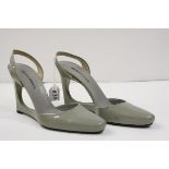 Pair of Jill Sander patent leather green-grey sling back shoes, elongated rounded toe, sculptural