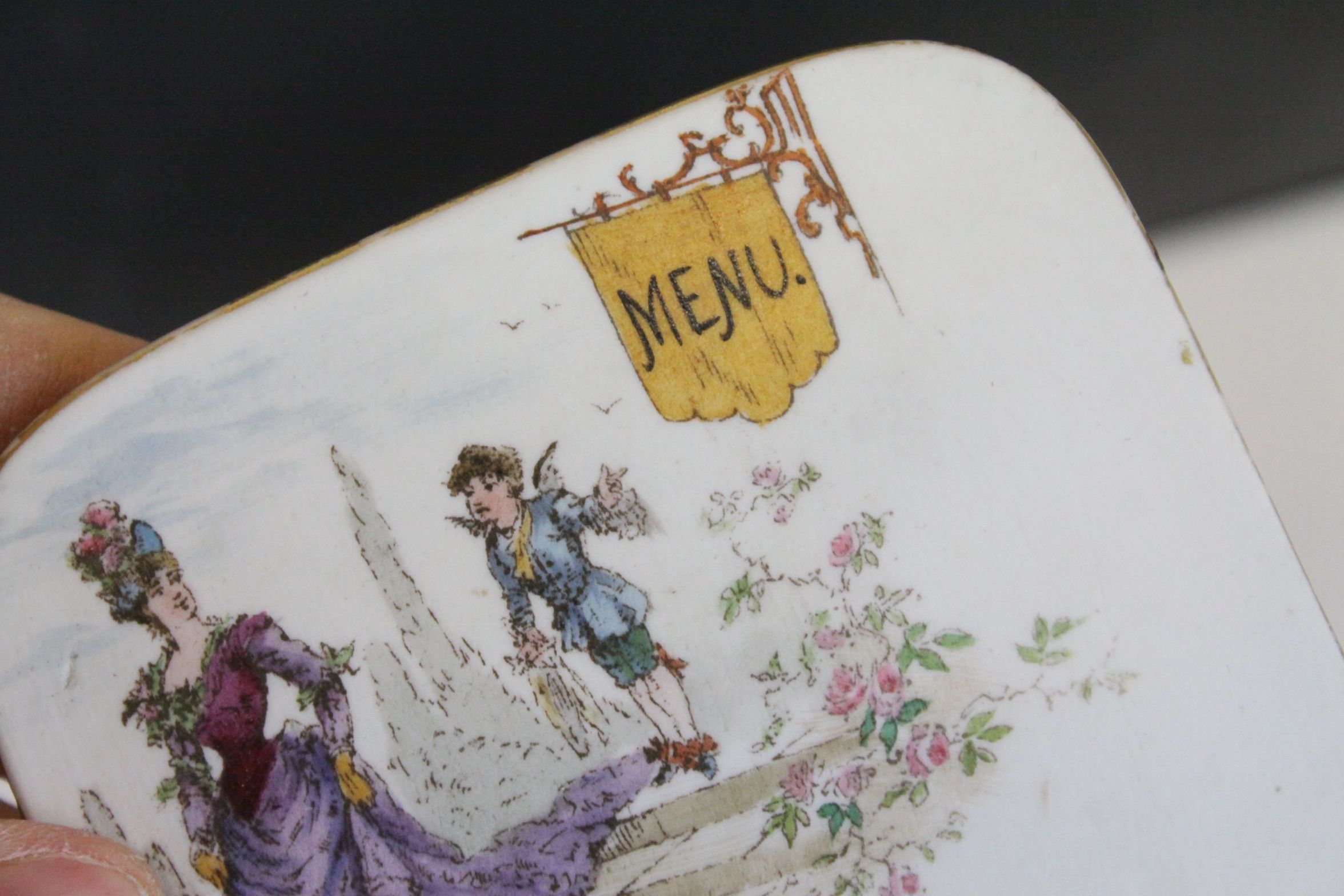 Set of Three 19th century Porcelain Menu Plaques with Easel Backs, each with a different hand - Image 6 of 9