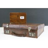 A mahogany box with inlaid decoration, an Aide Memoire, small leather case, boxed field microscope