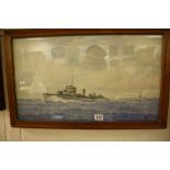 W A Richards, Watercolour of Battleships at Sea, 36cms x 61cms, framed and glazed