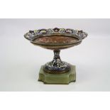 Antique Enamel on Copper Footed Bowl with Floral decoration mounted on an Onyx base
