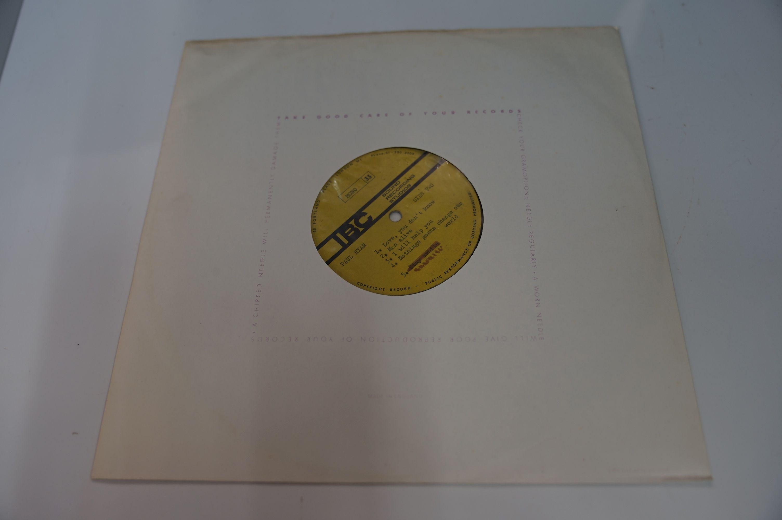 VINYL - PAUL RYAN - AMAZING UNIQUE UNRELEASED 1969 ALBUM DOUBLE SIDED ACETATE. WOW, IT DOES NOT - Image 3 of 5