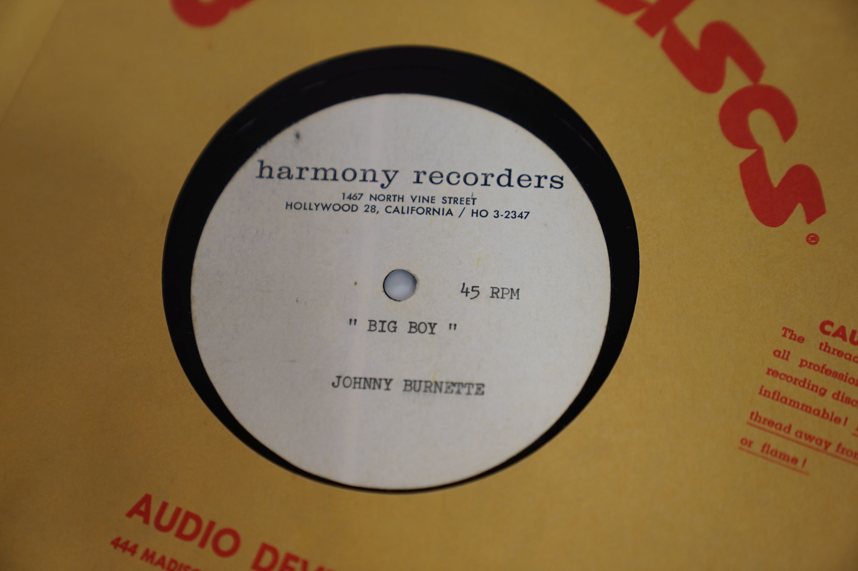 VINYL - Johnny Burnette - "BIG BOY", UNRELEASED U.S. 1961, SINGLE SIDED ROCKABILLY / ROCK 'N' ROLL