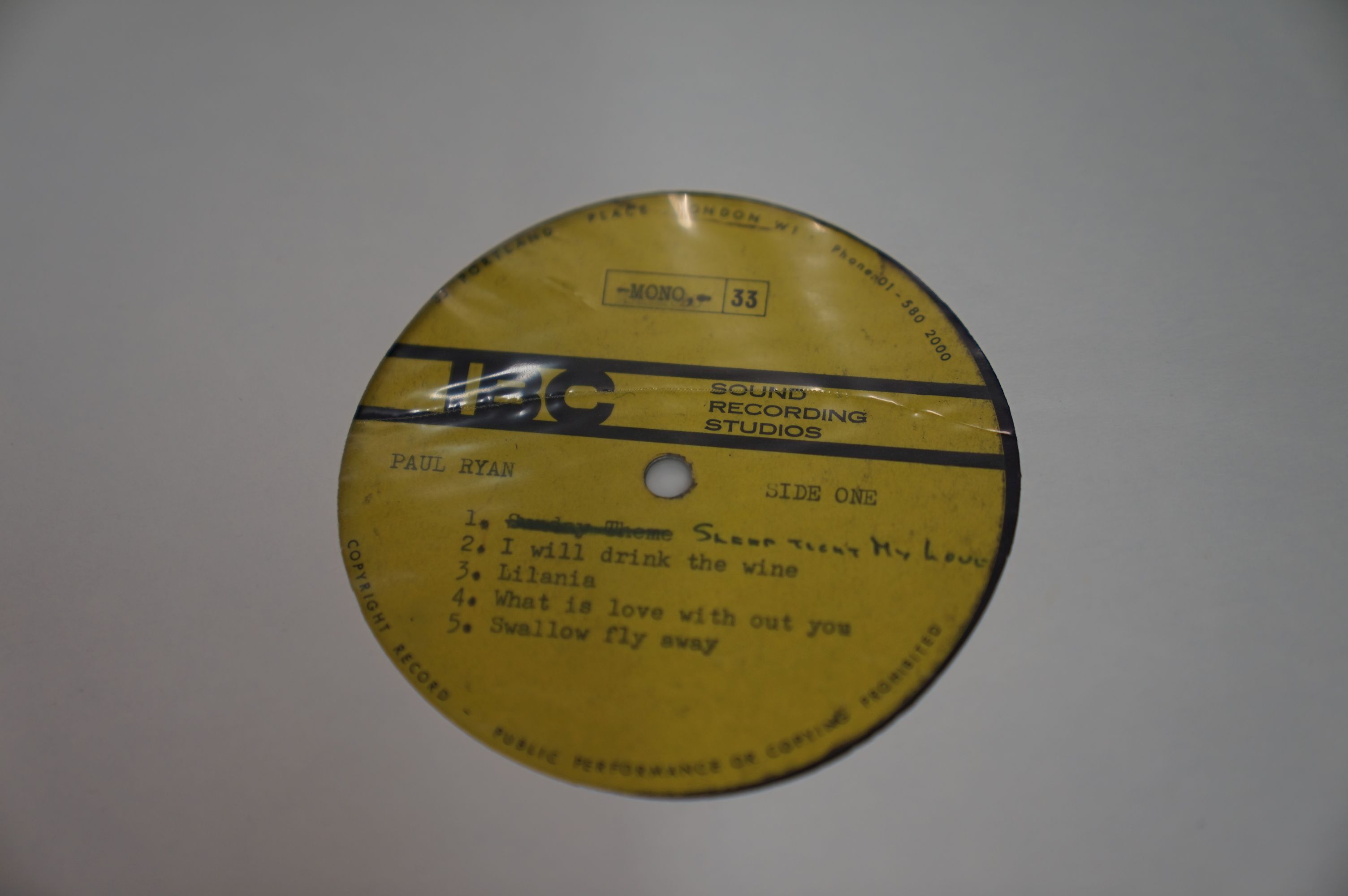 VINYL - PAUL RYAN - AMAZING UNIQUE UNRELEASED 1969 ALBUM DOUBLE SIDED ACETATE. WOW, IT DOES NOT - Image 2 of 5