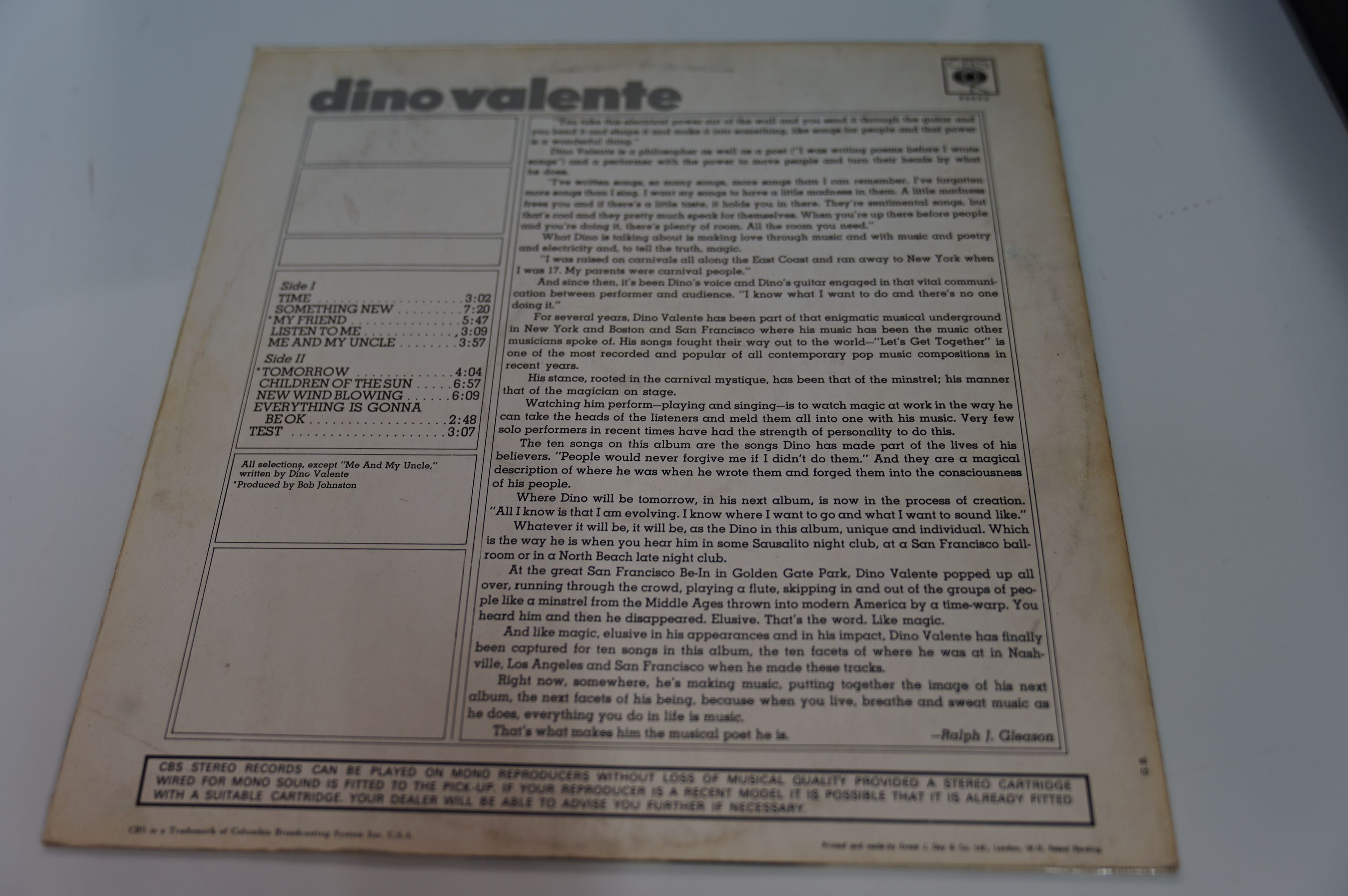 DINO VALENTE - "DINO VALENTE", 1968 ORIGINAL 1ST MONO ISSUE, CBS RECORDS, 63443. A NEAR PRISTINE - Image 2 of 7