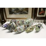 Eight Italian Murano Glass Fish Vases, largest 36cms long