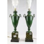 A pair of 20th century Green painted urn shaped table lamps raised on Faux marble plinths.