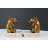 Pair of Art Deco Bookends in the form of Gilt Metal Seated Elephants on Marble Bases, 13cms high