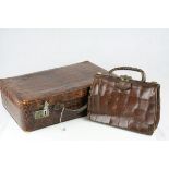 Early 20th century Crocodile Skin Vanity Case, with some glass jars (one with silver lid), 47cms