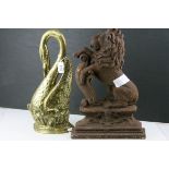19th century Brass Doorstop in the form of a Swan together with a Cast Iron Lion Doorstop, 37cms