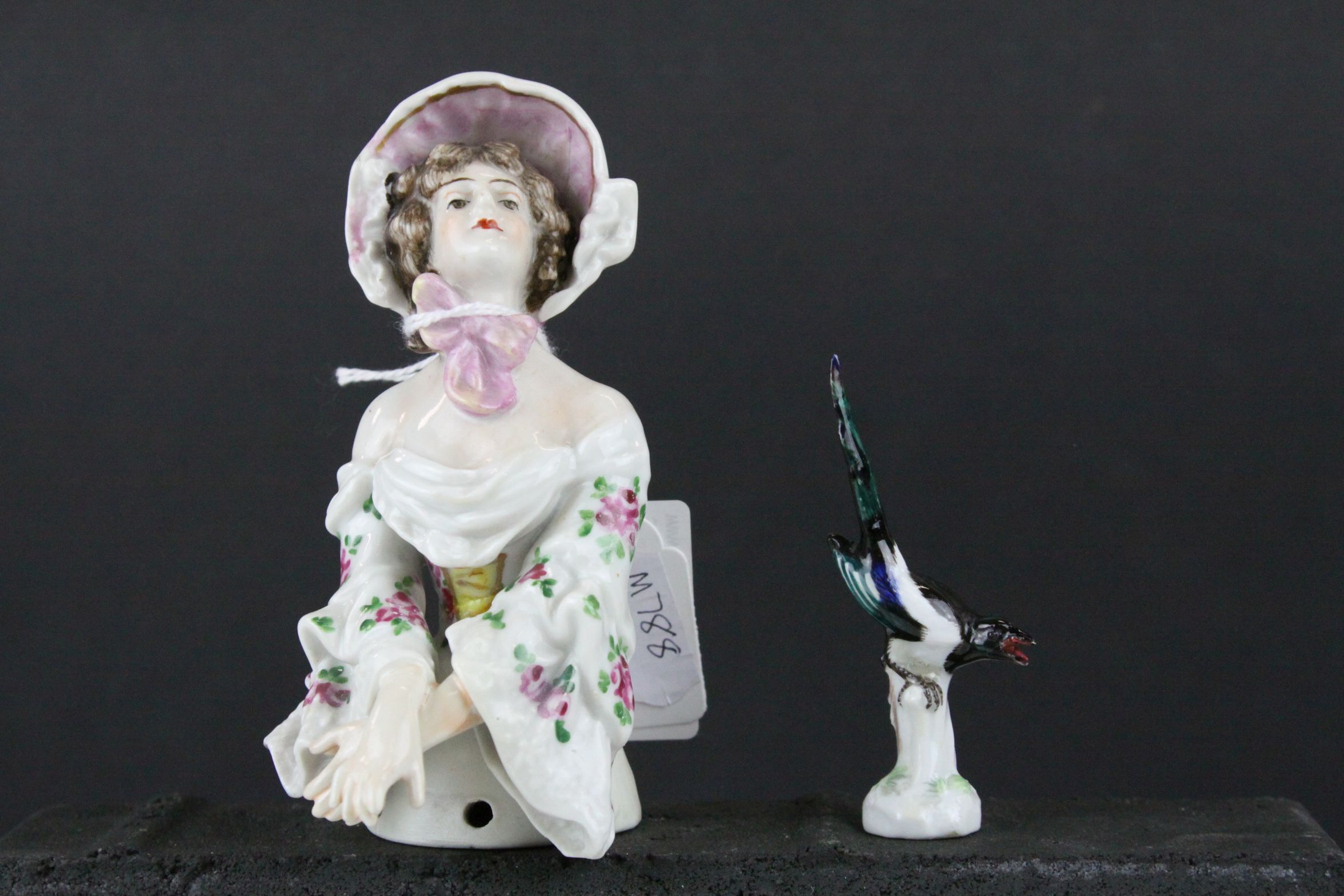 Small Meissen Porcelain Model of a Magpie, 7cms high together with Augustus Rex Porcelain Pin Doll