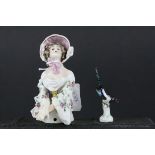 Small Meissen Porcelain Model of a Magpie, 7cms high together with Augustus Rex Porcelain Pin Doll