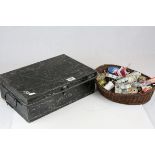 A metal strong box containing sewing accesories together with similar basket.