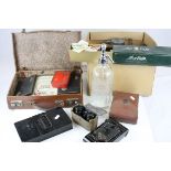Mixed lot comprising Small Suitcase containing Cigarette Cards, Soda Syphon, Artist's Paint Tin,