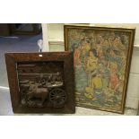 A hardwood carved asian panel with figures with a cart, mounted in a carved frame and a mid 20th