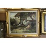 Peter duffield oil on canvas mounted in a gilt frame cockerel and hens with chicks in a farmyard