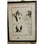 Framed Art Deco print of nudes and a women in dress with flowers in her hair signed Aubrey