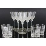 Set of Six J G Durand Frosted Petal Glasses with Four Edinburgh Crystal Golf Scene Whiskey Glasses