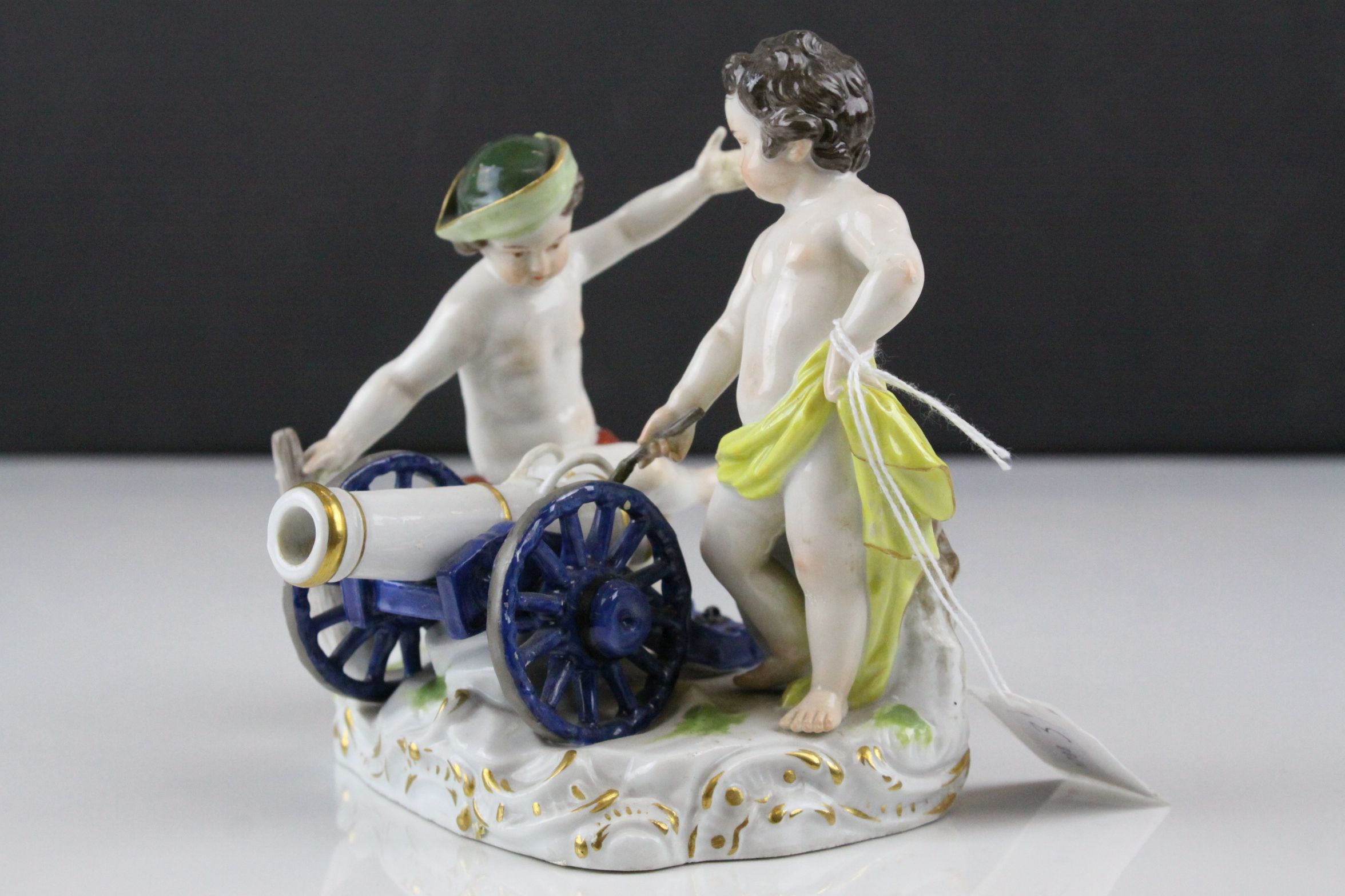 Meissen Porcelain Figure Group of Two Children / Infants firing a Cannon, the base decorated with - Image 2 of 7