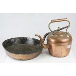 Large Antique Copper Kettle and a Copper Pan with Iron Handle