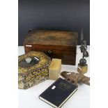 A 19th century box with floral decoration and ivory knop containg sewing items,a bronze of a
