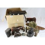 Mixed Lot of African / Tribal Wooden Carved Figures, Animals, Abacus, etc together with a Brass