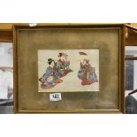 Antique Gilt Framed Japanese Woodblock Portrait of Three Geishas, 14cms x 20.5cms