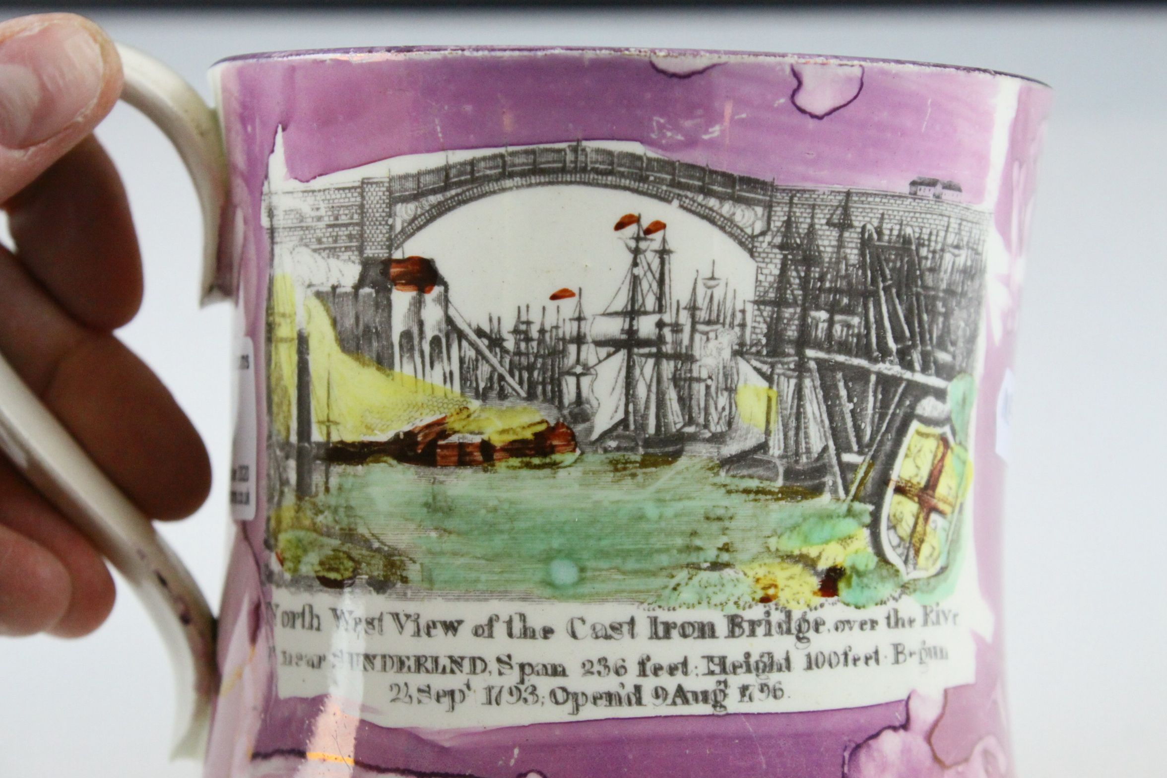 19th century Sunderland Pink Lustre Mug decorated with a scene of the North West View of the Cast - Image 7 of 8