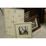 Four framed pictures to include embroidered rose maple framed print,etc.