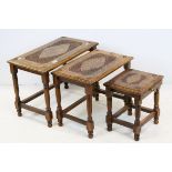 Indian / Persian Hardwood Carved Nest of Three Tables with Brass Inlay, largest table 61cms long x