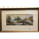 H E Carrington, 19th century Watercolour Landscape with Fishermen on Bridge and Figures bedside