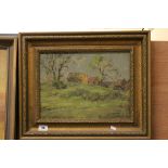 Oil on Board of Hayrick and Farm Buildings, indistinctly signed lower right, 29cms x 39cms, gilt