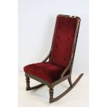 Victorian Mahogany Rocking Chair, the back and seat with purple fabric upholstery, 98cms high