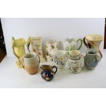 Box of Ten Vintage Jugs and Budgerigar Vases to include Crown Devon, Studio Pottery, etc