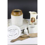 Kitchen Items including Welsh Butter Hands & Counter Slab (a/f), Ovaltine Jug, Stoneware Pot, Milk