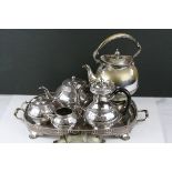 Quantity of silver plate to include spirit kettle ,teaset, tray etc.