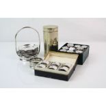 A collection of silver and silver plated items to include a set of pepperettes marked 800, and a set