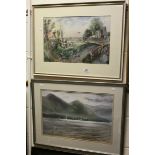 Garrett 20th century watercolour rural harvesting scene with figures and animals indistincly